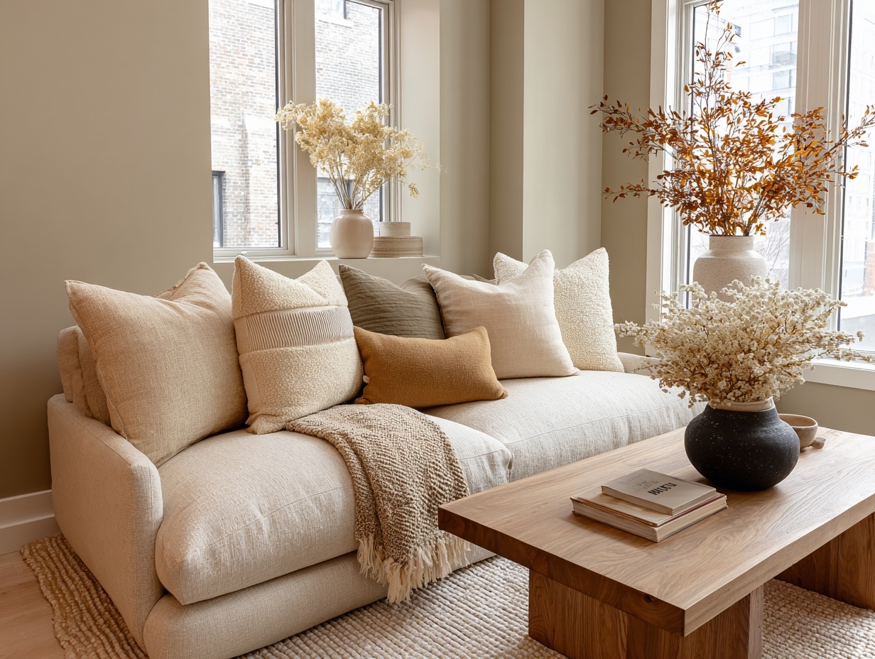 12 Cozy Fall Decor Ideas for Small Apartments Small apartment living room with warm neutral decor, autumn branches and soft natural light
