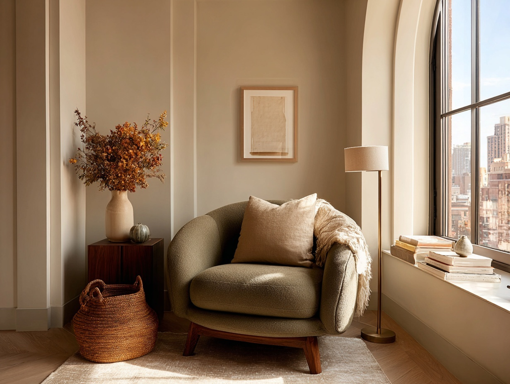 12 Cozy Fall Decor Ideas for Small Apartments Small apartment shelving styled with books, greenery and restrained fall decor