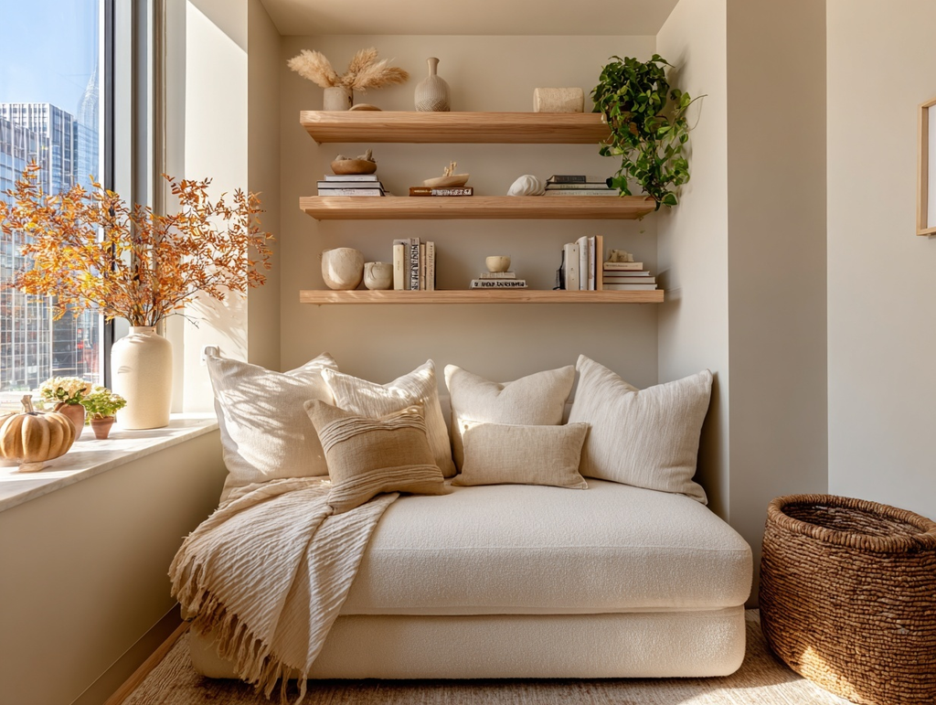 12 Cozy Fall Decor Ideas for Small Apartments Cozy reading corner with space-saving furniture in a small apartment