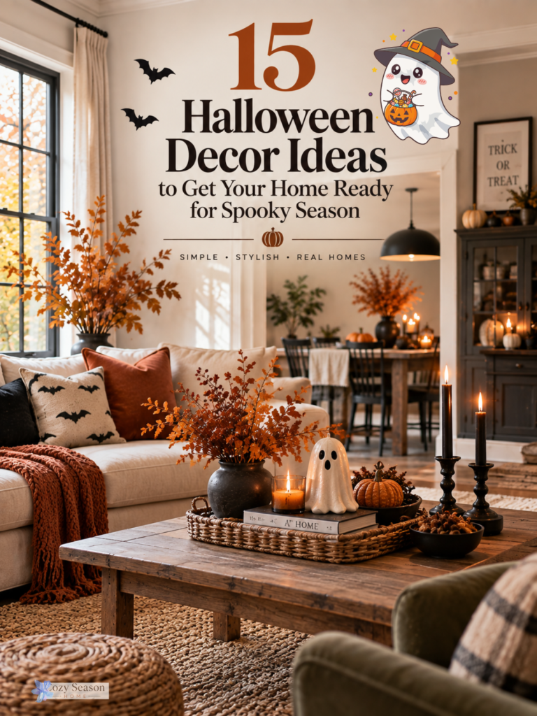 Warm and stylish Halloween home decor with pumpkins, black accents, autumn branches, candles, and seasonal details in a cozy neutral interior.