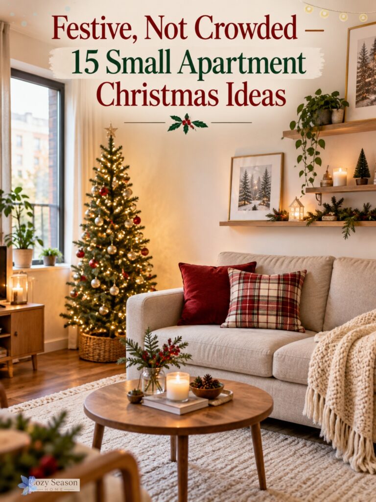 Small apartment living room with a slim Christmas tree, warm lights, neutral sofa, and festive red accents