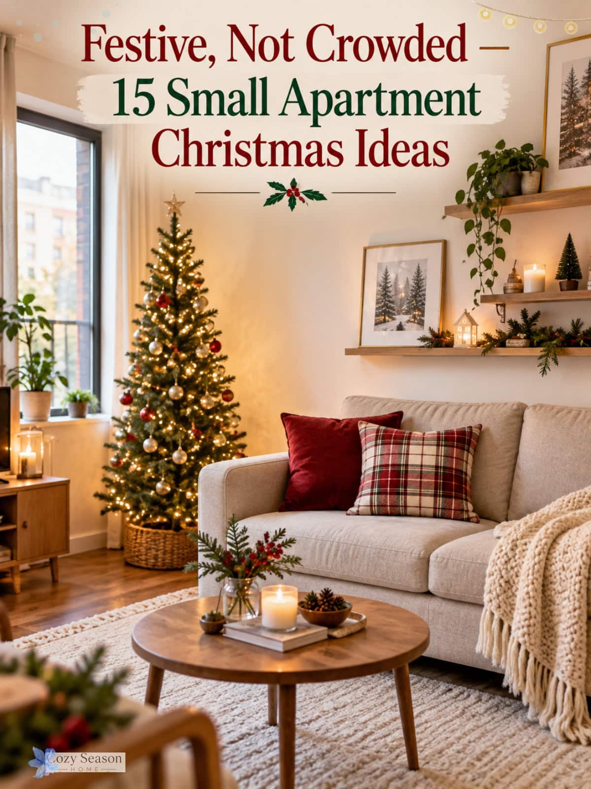 Small apartment living room with a slim Christmas tree, warm lights, neutral sofa, and festive red accents