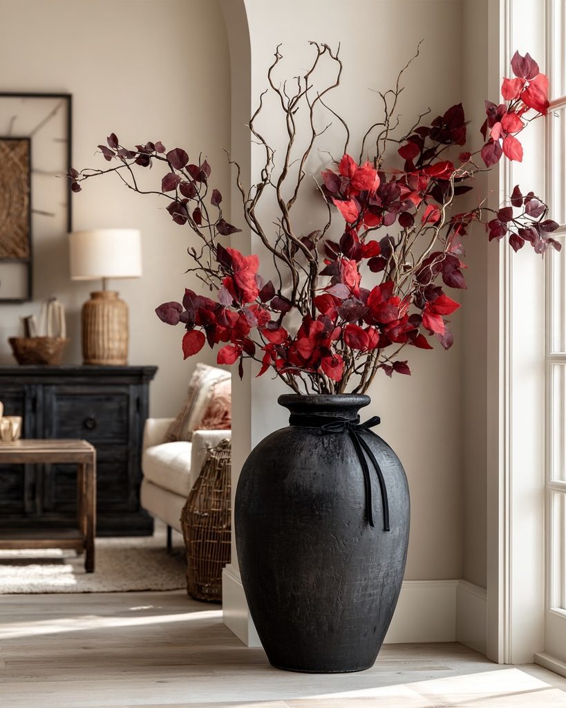Dark ceramic vase filled with dried branches and deep red leaves, styled as subtle Halloween decor in a warm neutral living room.