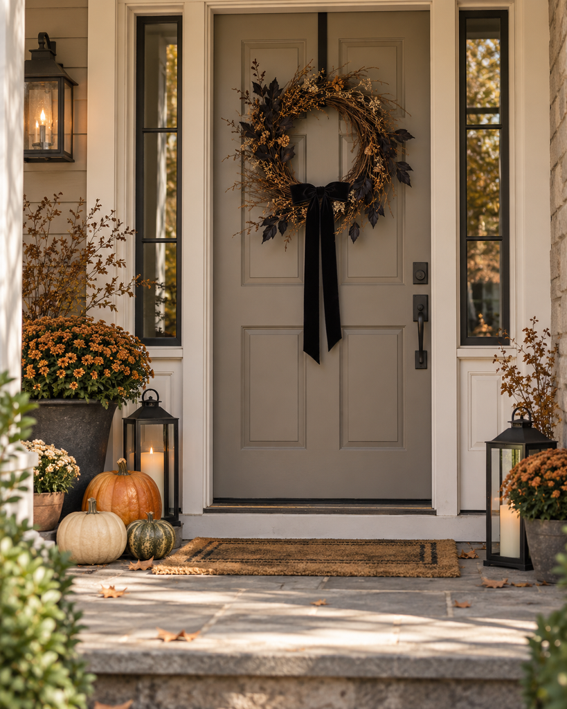 Neutral Halloween front door decorated with a dried branch wreath, black ribbon, lanterns, pumpkins, seasonal flowers, and a simple doormat.