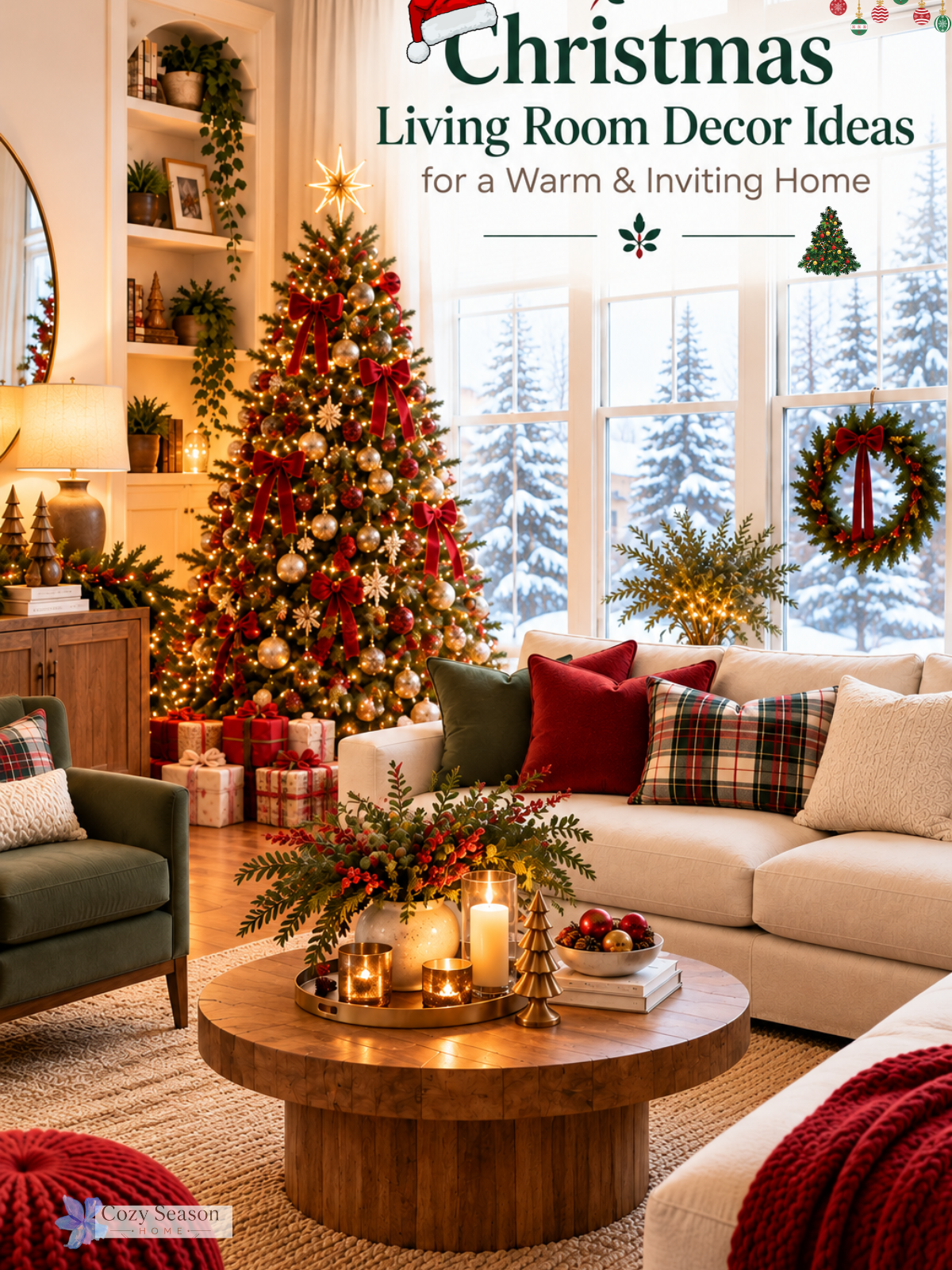 Festive Christmas living room with a decorated tree, warm lighting, red and green accents, cozy seating and seasonal decor