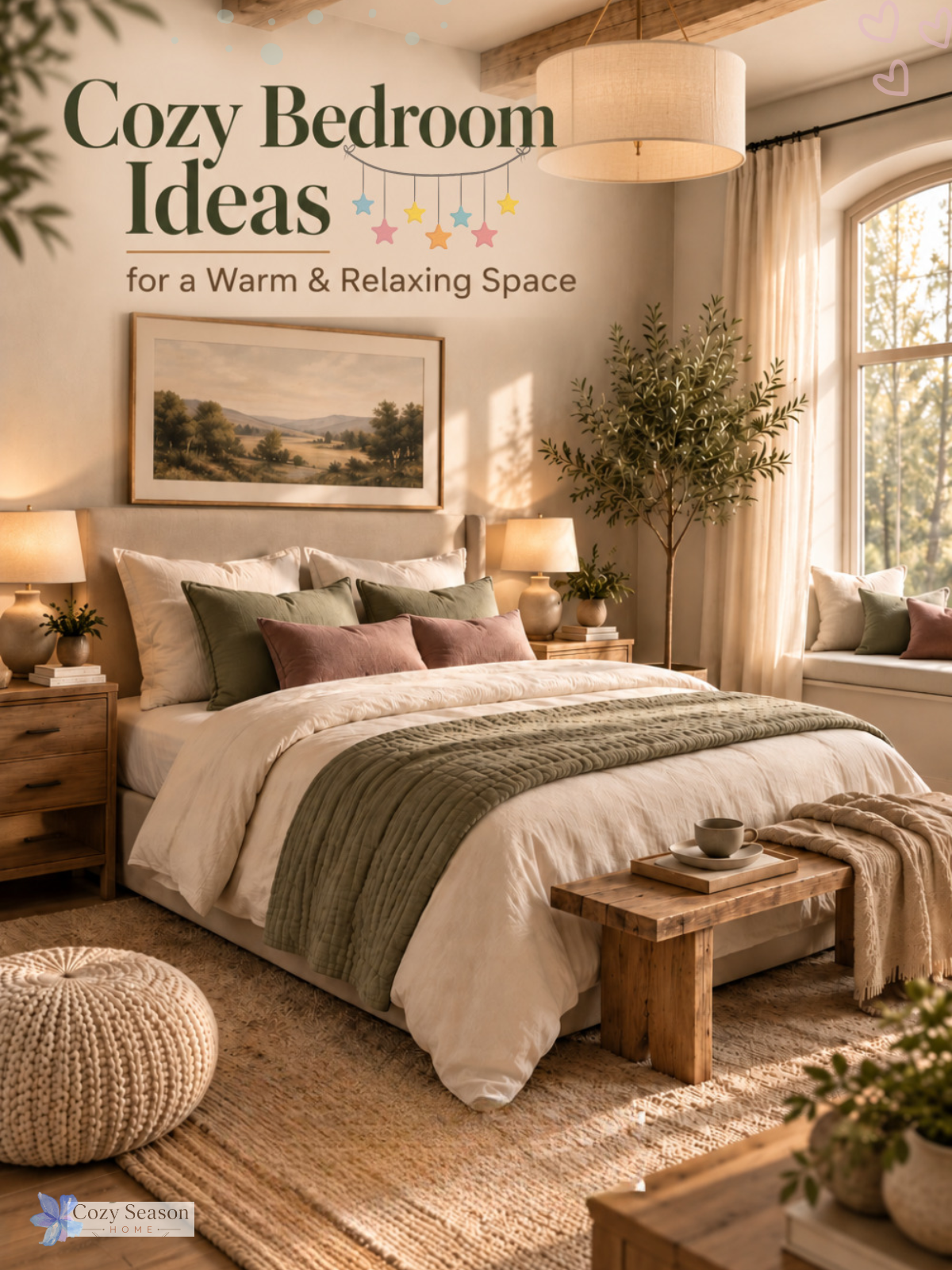 Cozy neutral bedroom with layered bedding, warm wood furniture, soft lighting and muted green accents