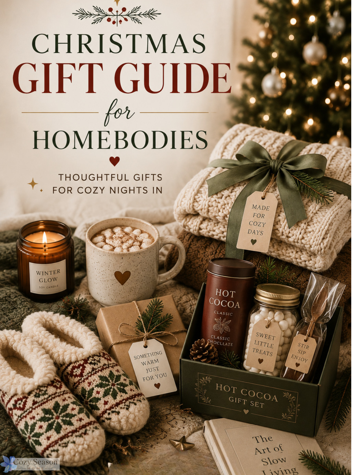 Cozy Christmas gift guide with warm blankets, mugs, candles, books and festive gifts for homebodies