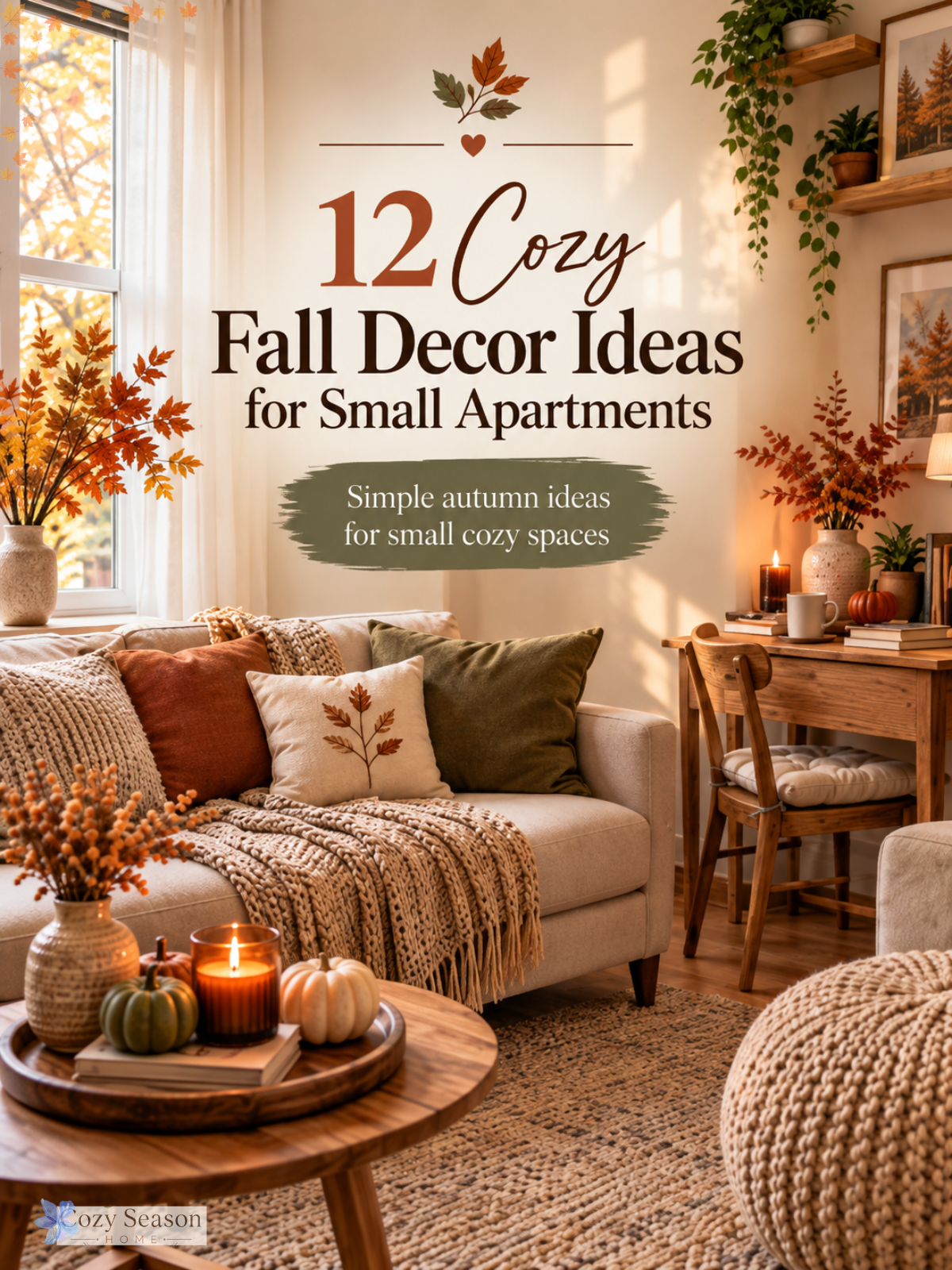 Cozy small apartment decorated for fall with warm neutral furniture, autumn foliage, pumpkins, layered textures and seasonal accents