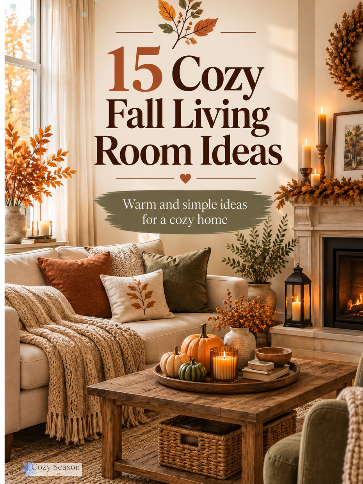 Cozy fall living room with a cream sofa, warm neutral tones, autumn foliage, pumpkins, soft layered textiles, and simple seasonal decor accents.