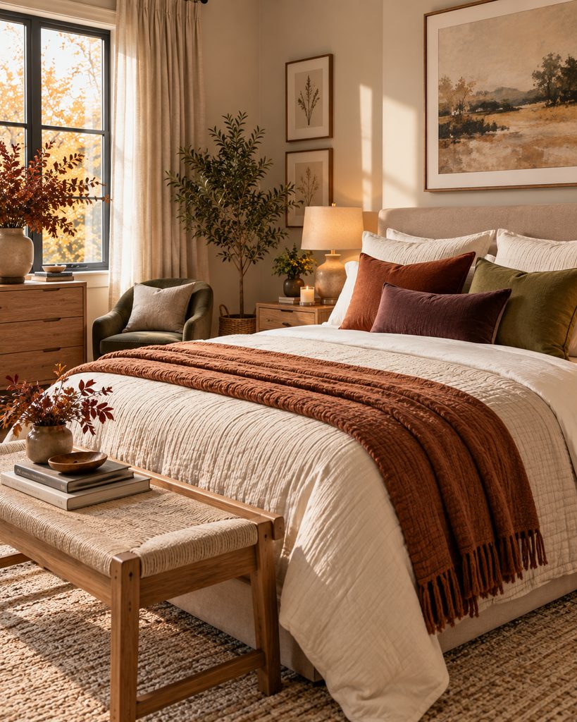 Neutral fall bedroom styled with cushions and a folded throw in muted rust, plum, and olive tones.
