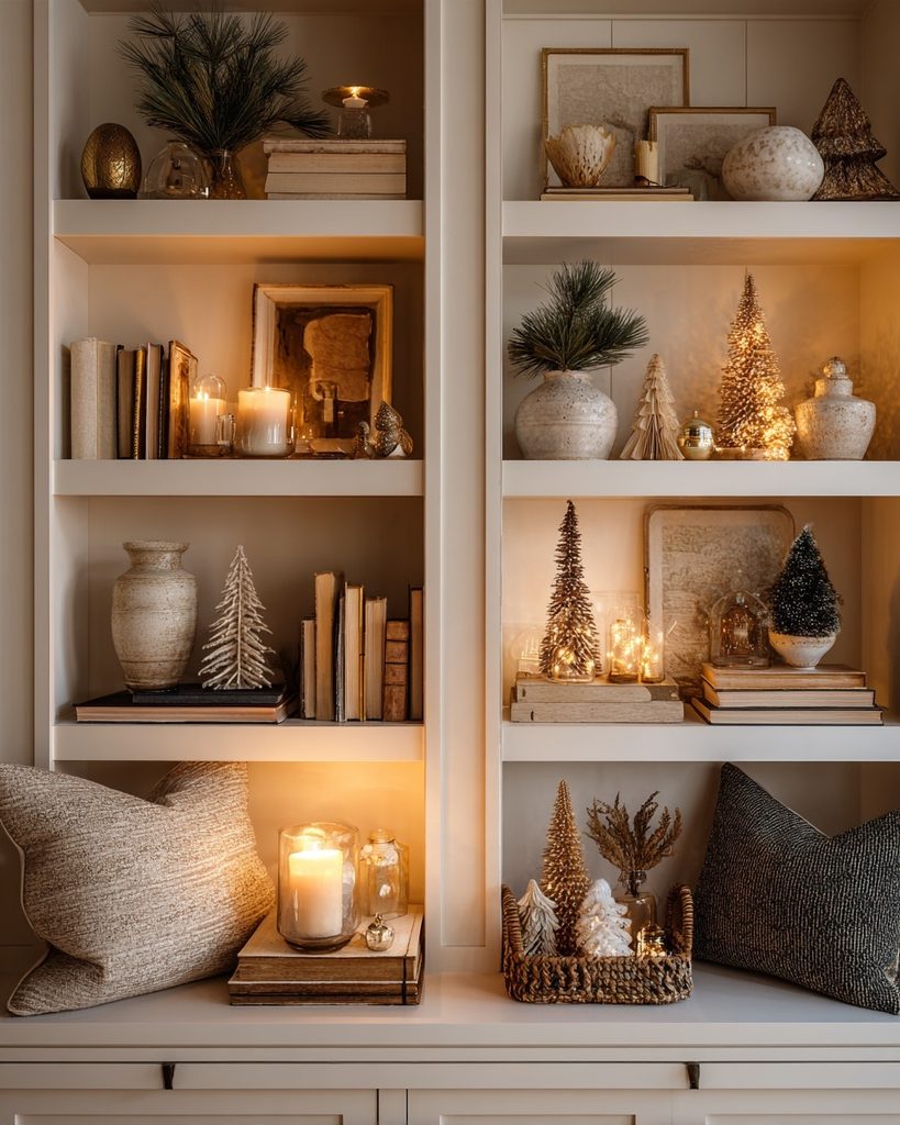 Bookshelf decorated for Christmas with greenery, ornaments, books, small trees, and warm string lights.