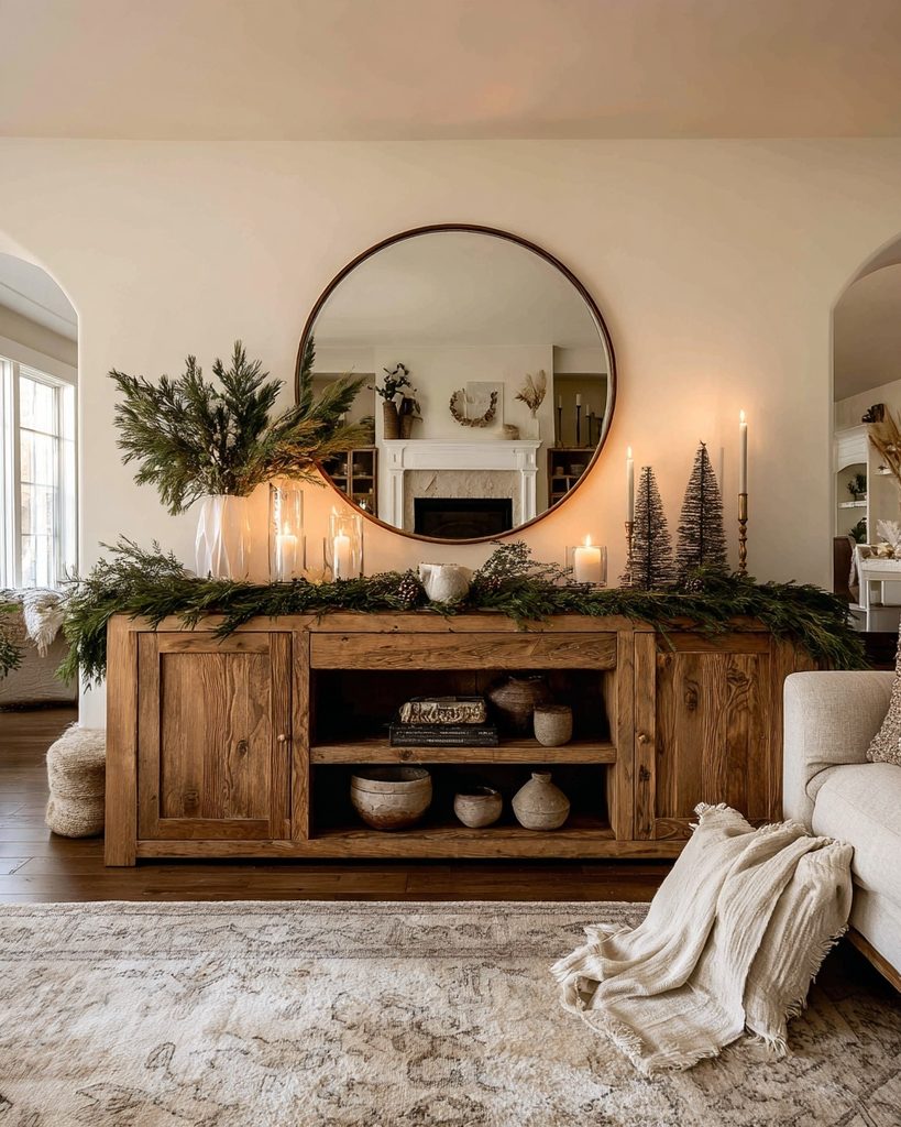  Wooden console table styled for Christmas with evergreen garland, brass candles, stockings, and a round mirror.