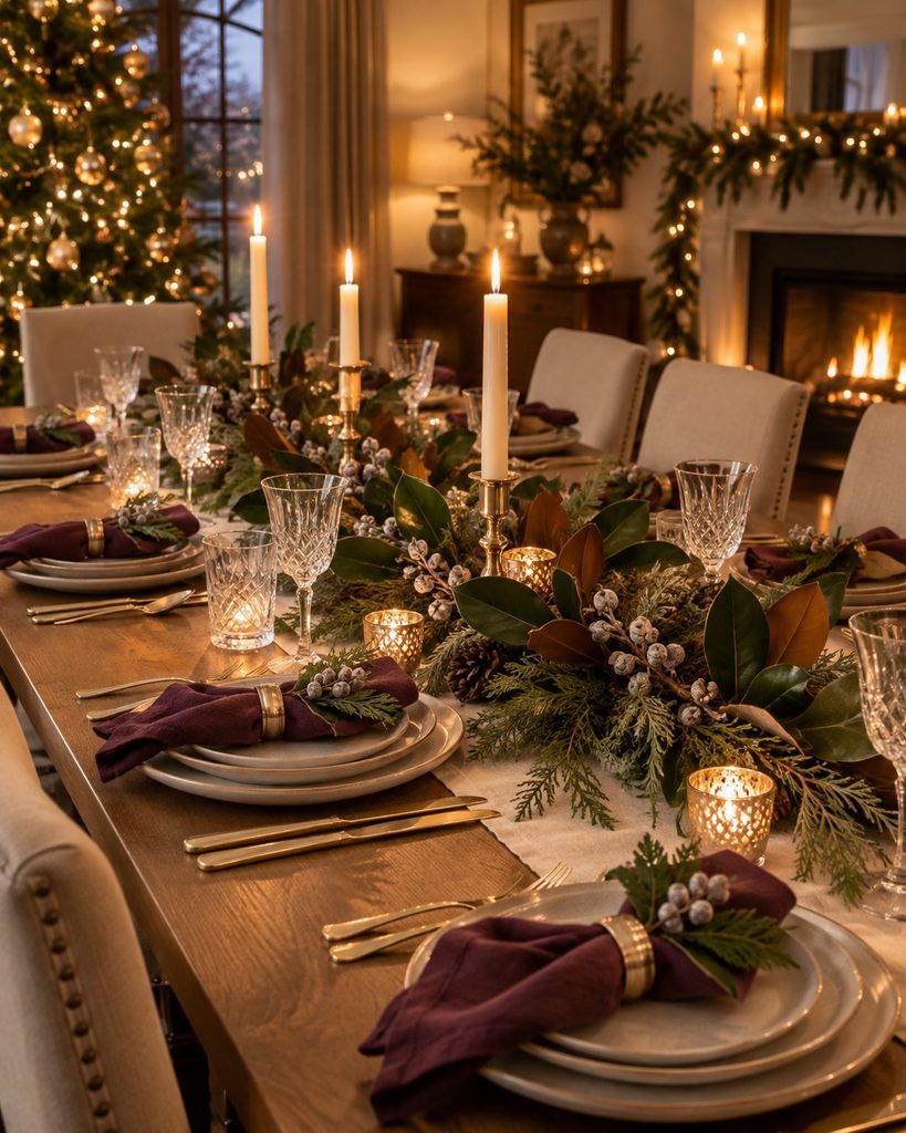 Christmas Table Decor Ideas for a Warm, Festive Table Fully set Christmas dinner table with candles, greenery, and layered place settings