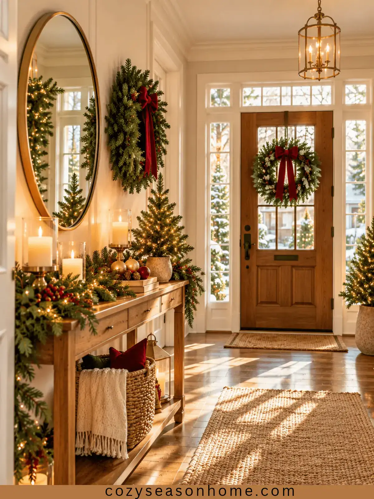 Warm Christmas entryway with evergreen wreaths, red velvet bows, soft lighting, and natural wood accents