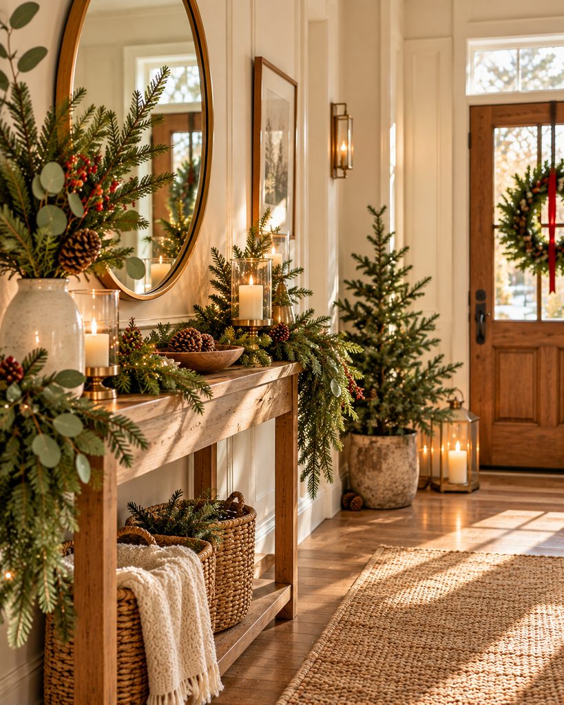 Christmas entryway with garland and a small potted evergreen