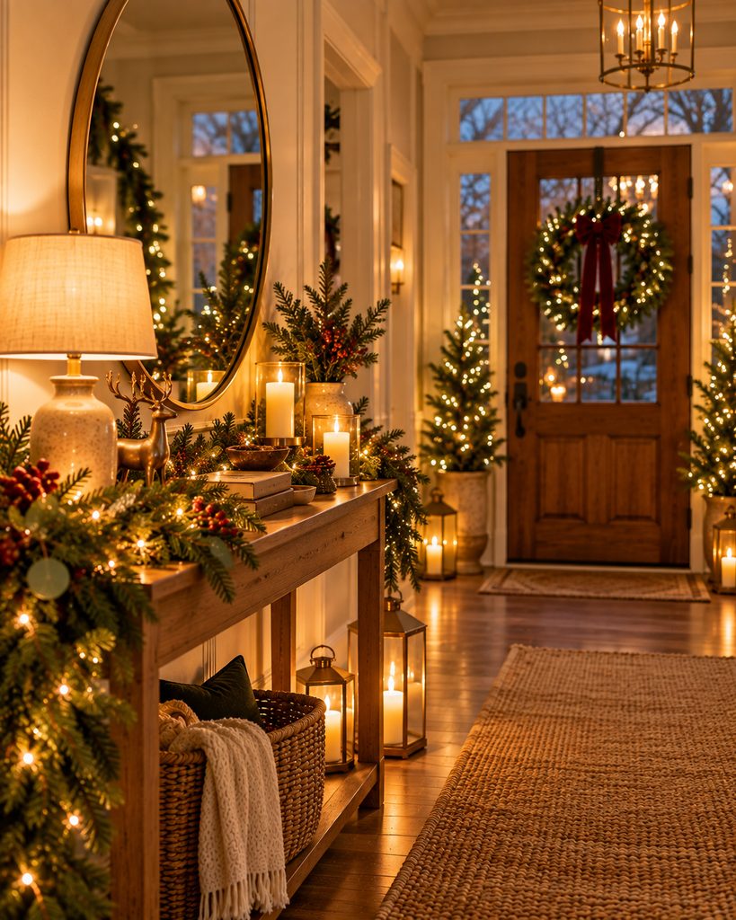 Warm lamp and candles glowing on a Christmas entry console in the evening