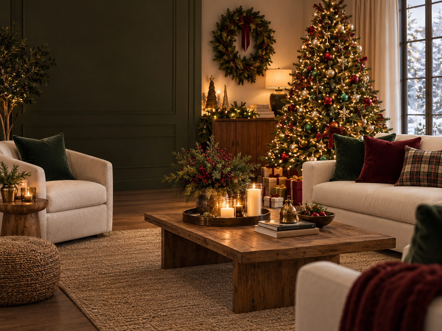 Festive Christmas decor with a decorated tree, greenery, warm lights and seasonal home accents