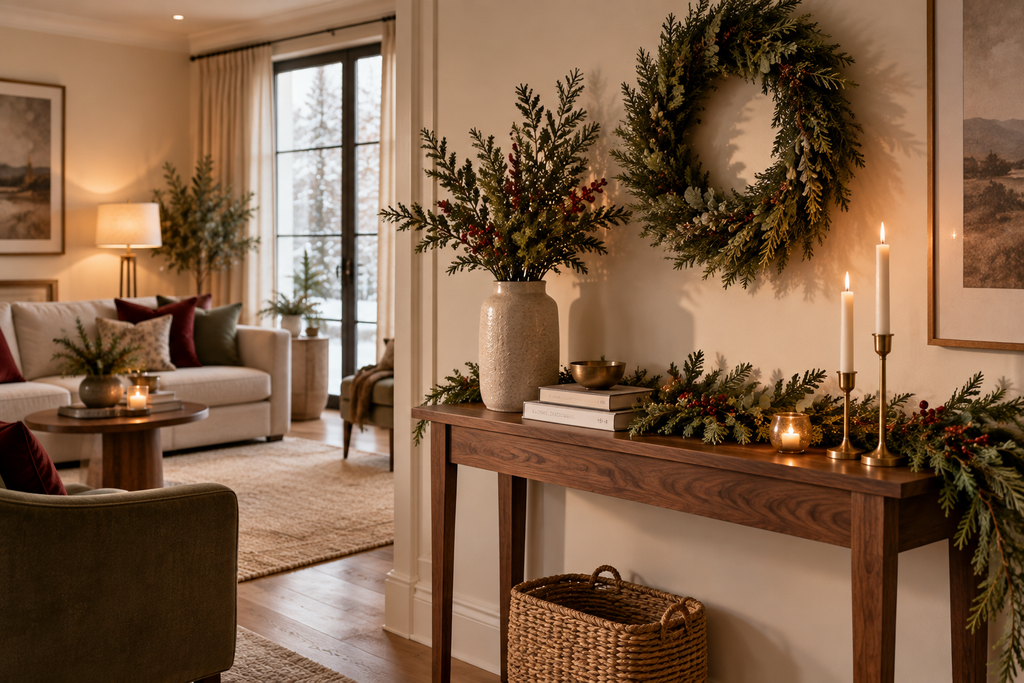 christmas living room greenery decor
