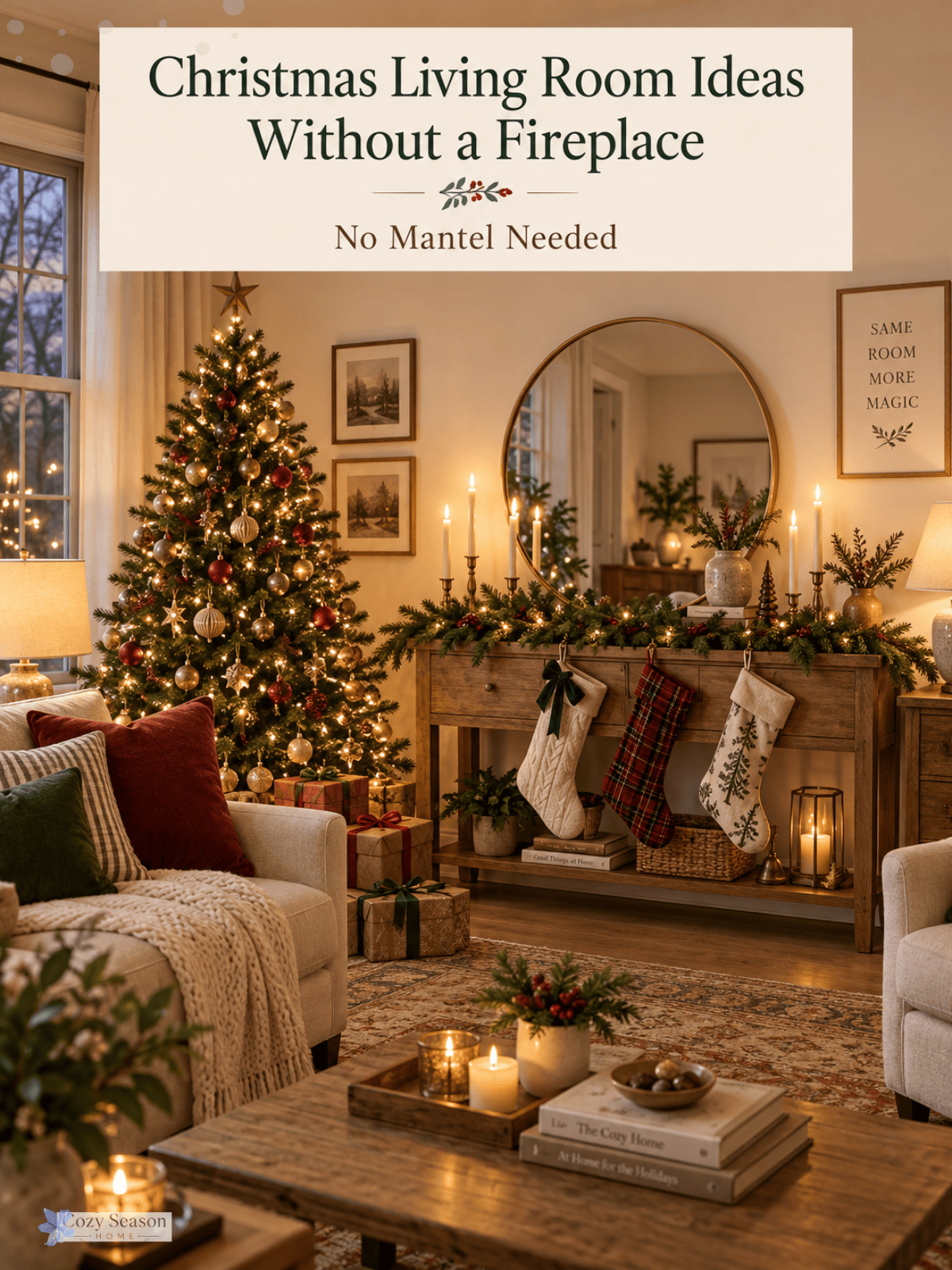 A festive Christmas living room without a fireplace, featuring a wooden console styled like a mantel with garland, candles, and stockings, a round mirror above, and a decorated Christmas tree beside it in warm lamplight.