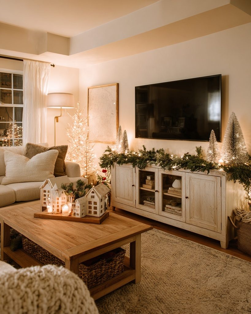 TV media unit decorated with evergreen garland, small Christmas trees, candles, and warm seasonal accents.
