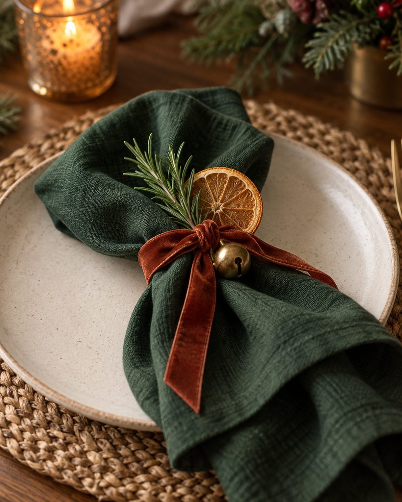 Christmas Table Decor Ideas for a Warm, Festive Table Forest green Christmas napkin tied with velvet ribbon, rosemary, and dried orange