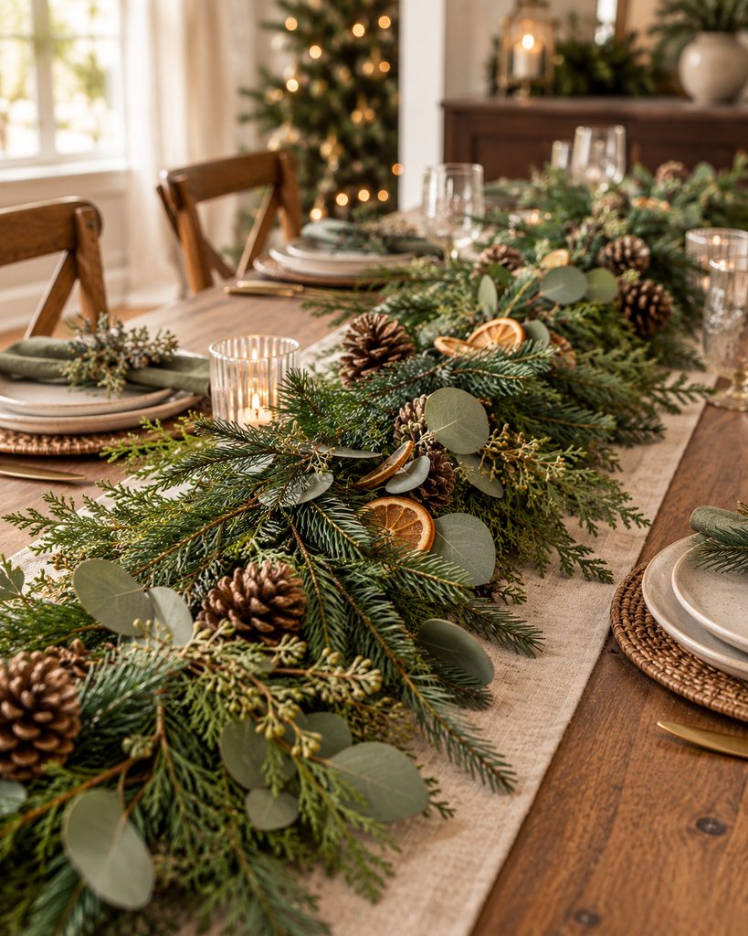 Christmas Table Decor Ideas for a Warm, Festive Table Pine, eucalyptus, and cedar garland layered along a Christmas dining table