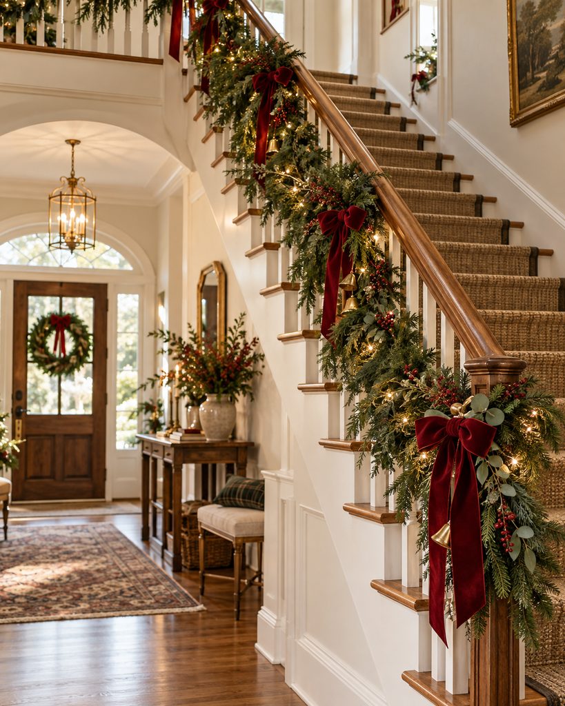 Staircase banister wrapped in Christmas garland with ribbons