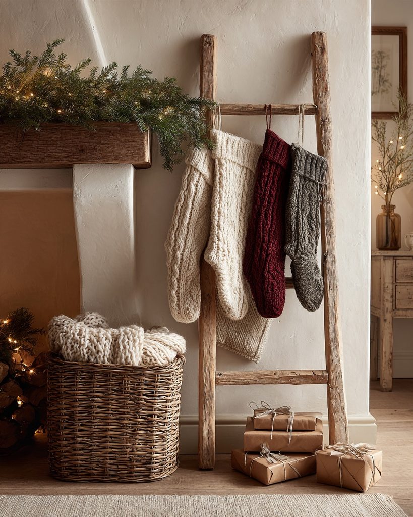 Christmas stockings hung from a wooden ladder with greenery, warm lights, and wrapped gifts nearby.