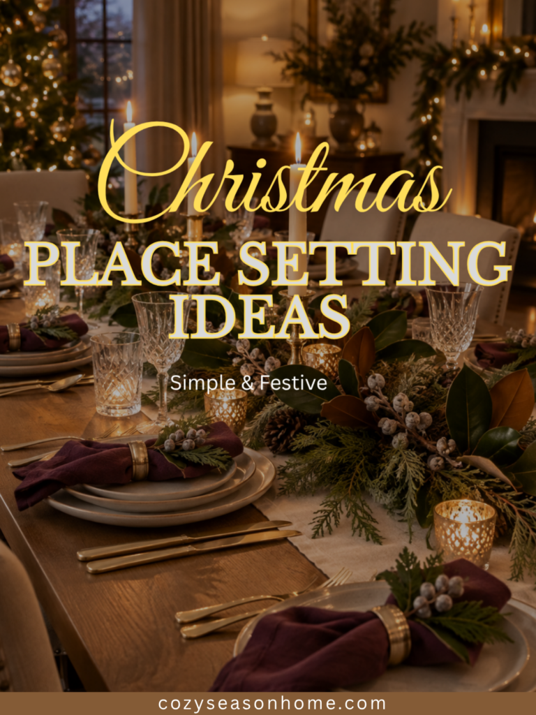 Warm Christmas dining table with greenery, candles, layered place settings, and festive decor