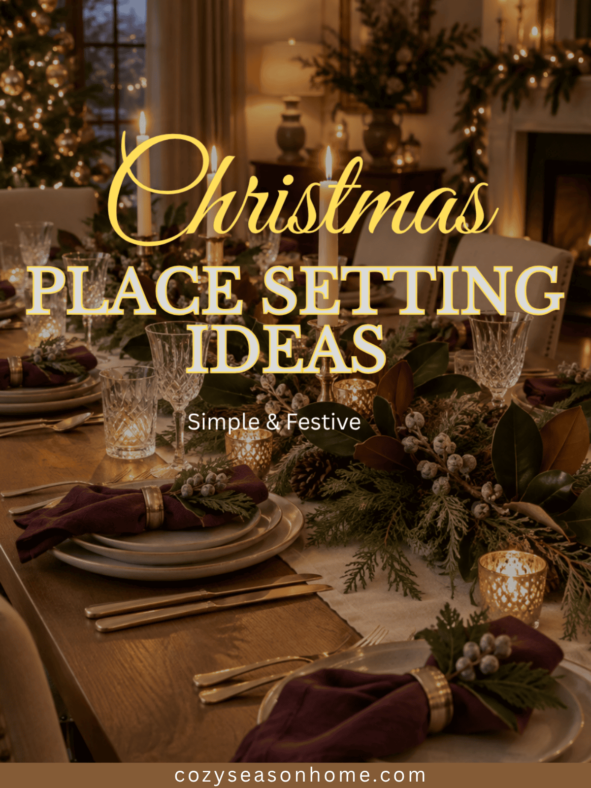 Warm Christmas dining table with greenery, candles, layered place settings, and festive decor