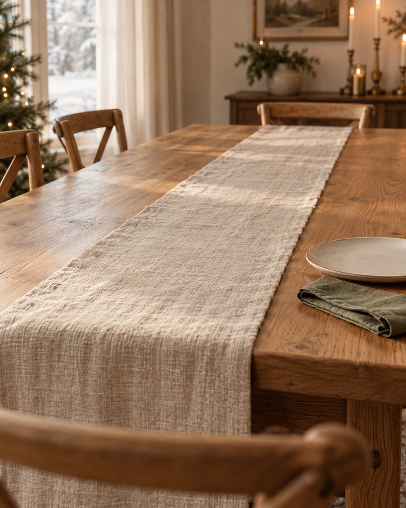 Christmas Table Decor Ideas for a Warm, Festive Table Oatmeal linen runner on a warm wood Christmas dining table