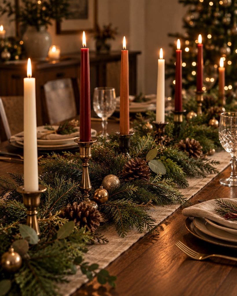 Christmas Table Decor Ideas for a Warm, Festive Table Christmas taper candles glowing along a greenery garland on a dining table