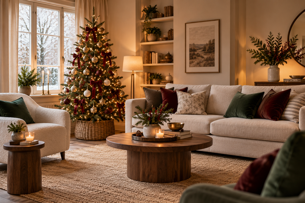 Medium Christmas tree beside a living room window with burgundy ribbons, gold ornaments and warm white lights