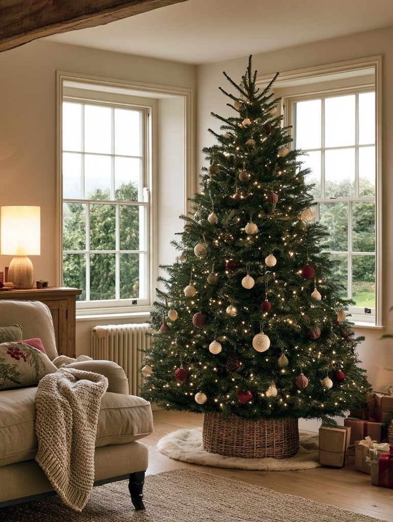 Decorated Christmas tree with warm lights beside a window, used as the main focal point in a cozy living room.