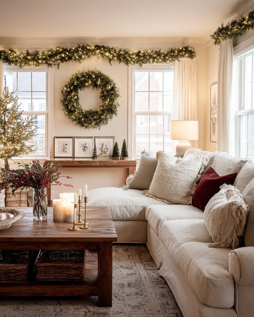 Large evergreen Christmas wreath and garland creating a festive focal point on a neutral living room wall.