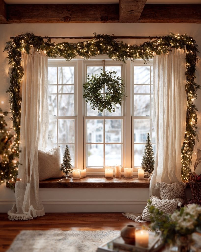 Christmas window framed with evergreen garland, warm string lights, a wreath, and small seasonal decorations.