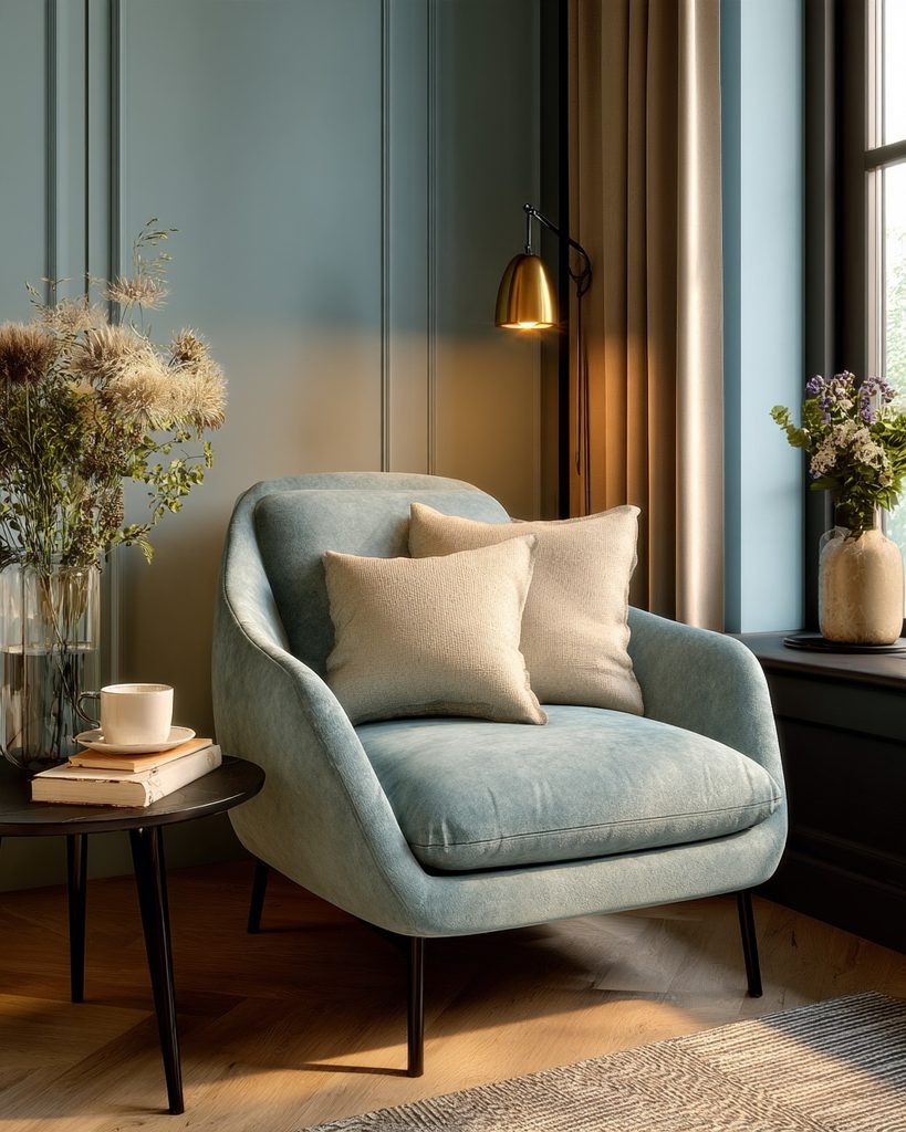 Cozy Reading Nook Ideas for Small Spaces Cozy reading nook with a comfortable slim armchair, cushions, and a soft inviting setup.