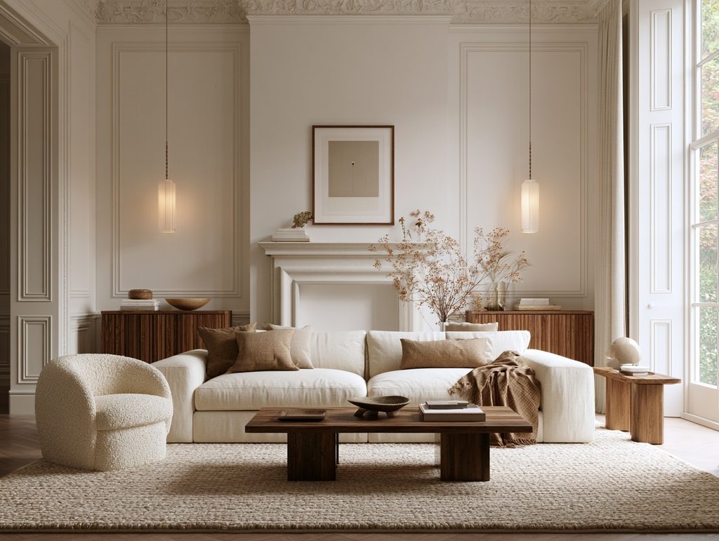 Warm fall living room with muted terracotta, olive, and plum accents