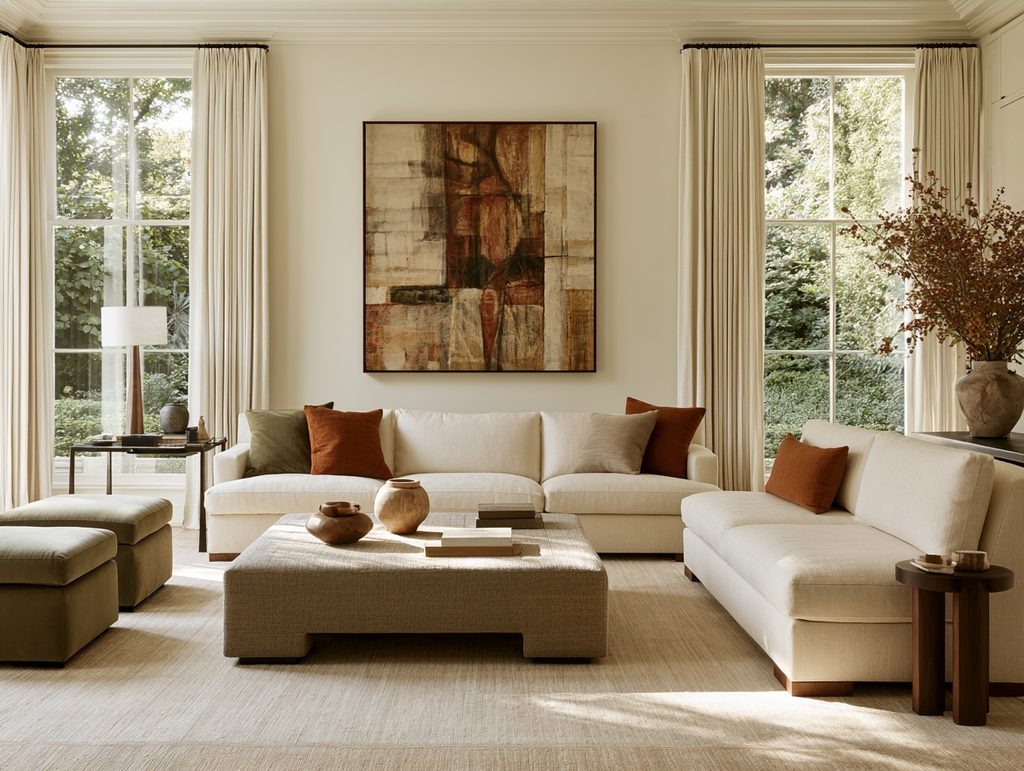 Cozy living room with warm wood furniture and neutral autumn decor