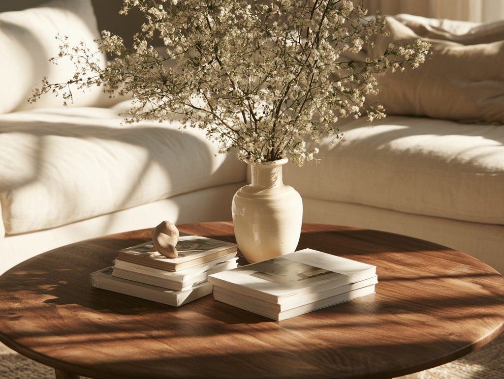 Autumn living room with seasonal branches in a simple ceramic vase