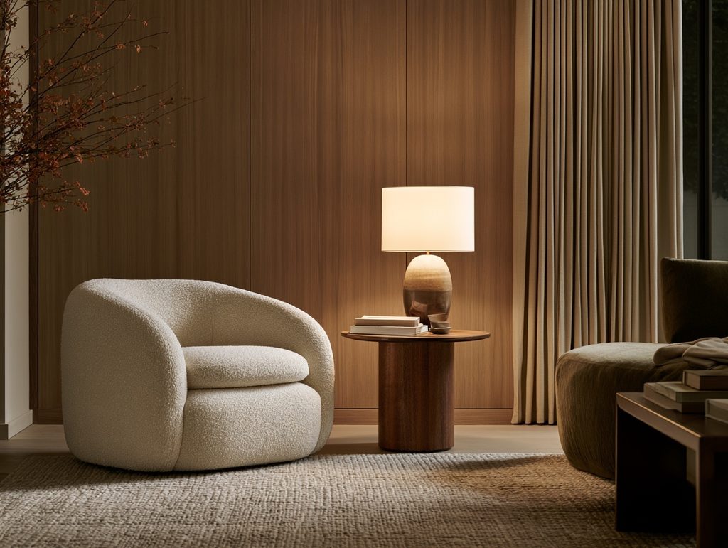 Cozy fall living room with warm ambient lighting and soft neutral textures
