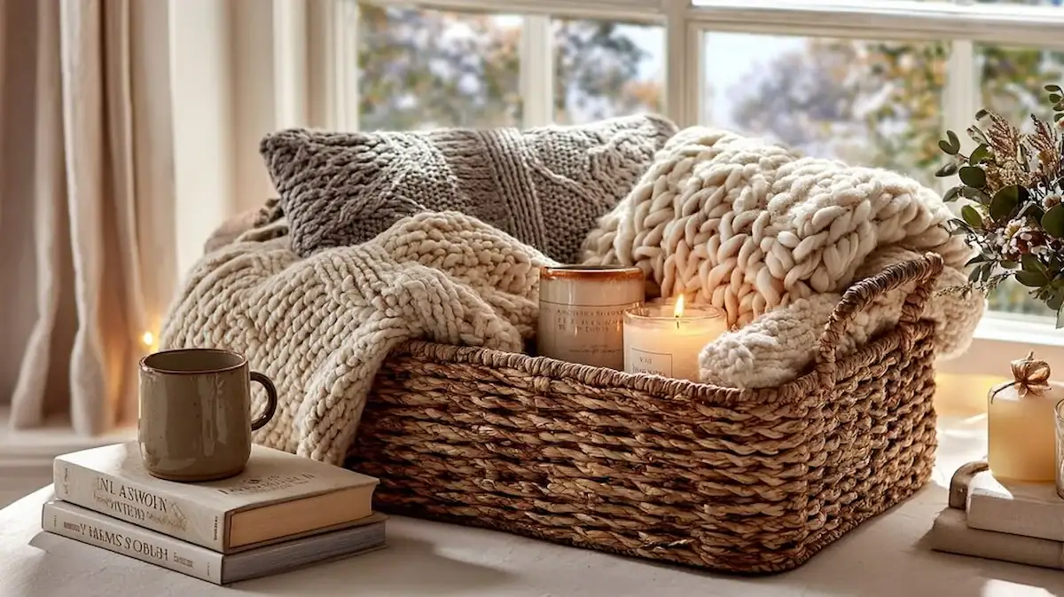 Cozy Christmas gift basket with a chunky knit blanket, candles, mug, and books