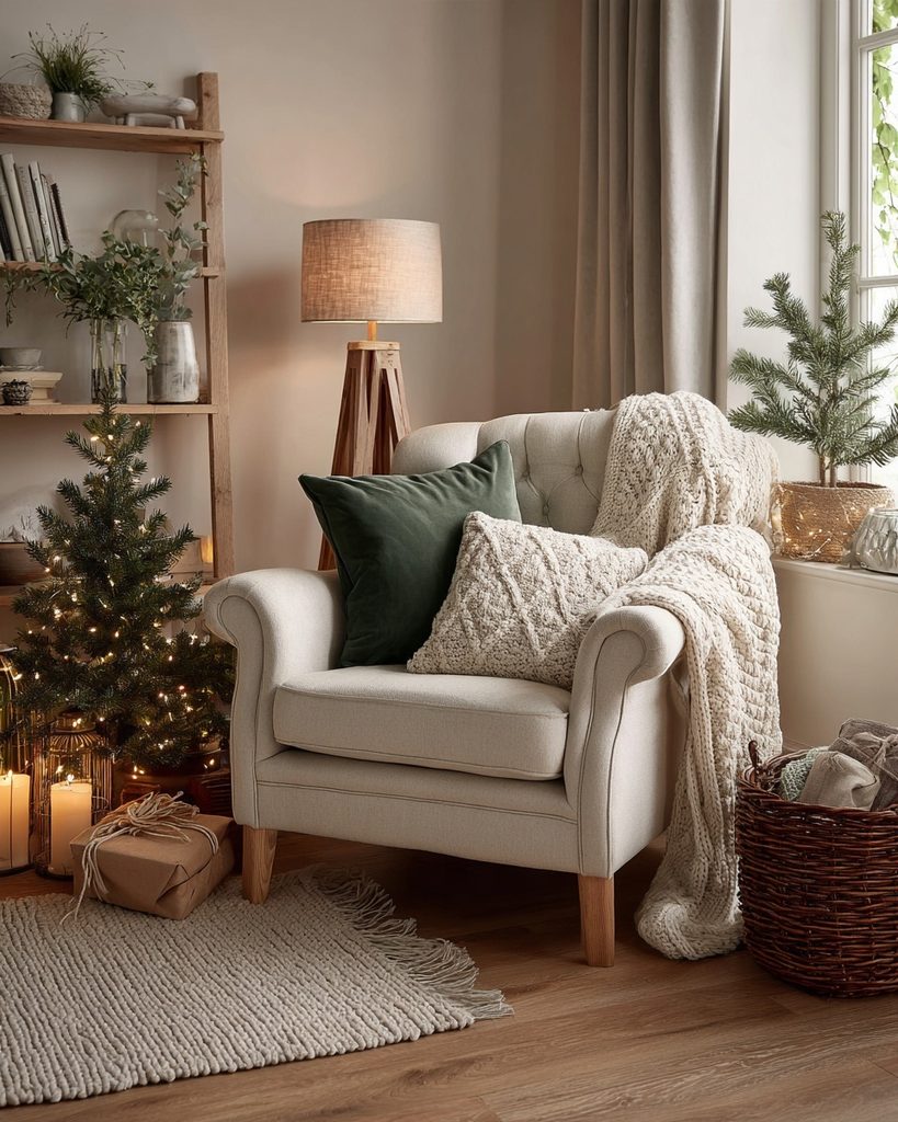 Cozy Christmas corner with a cream armchair, small decorated tree, knit throw, warm lamp, and blanket basket.