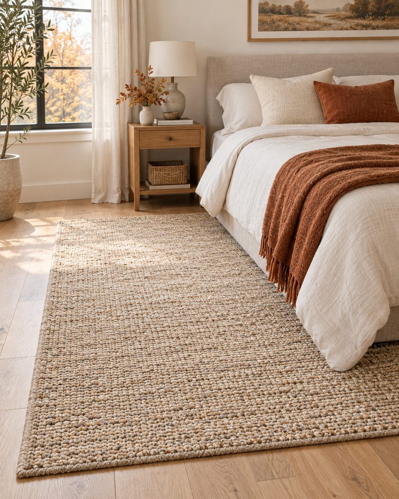 Soft woven area rug beside a neatly styled fall bed with warm neutral bedding and autumn accents.
