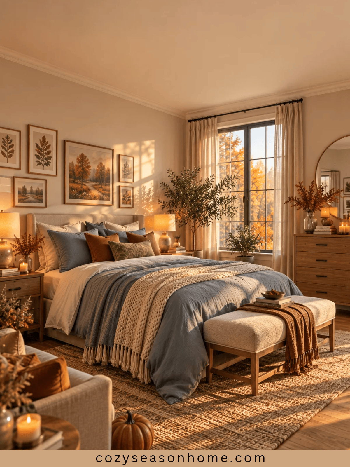 Cozy fall bedroom with warm layered bedding, autumn accents, soft lighting, and neutral decor