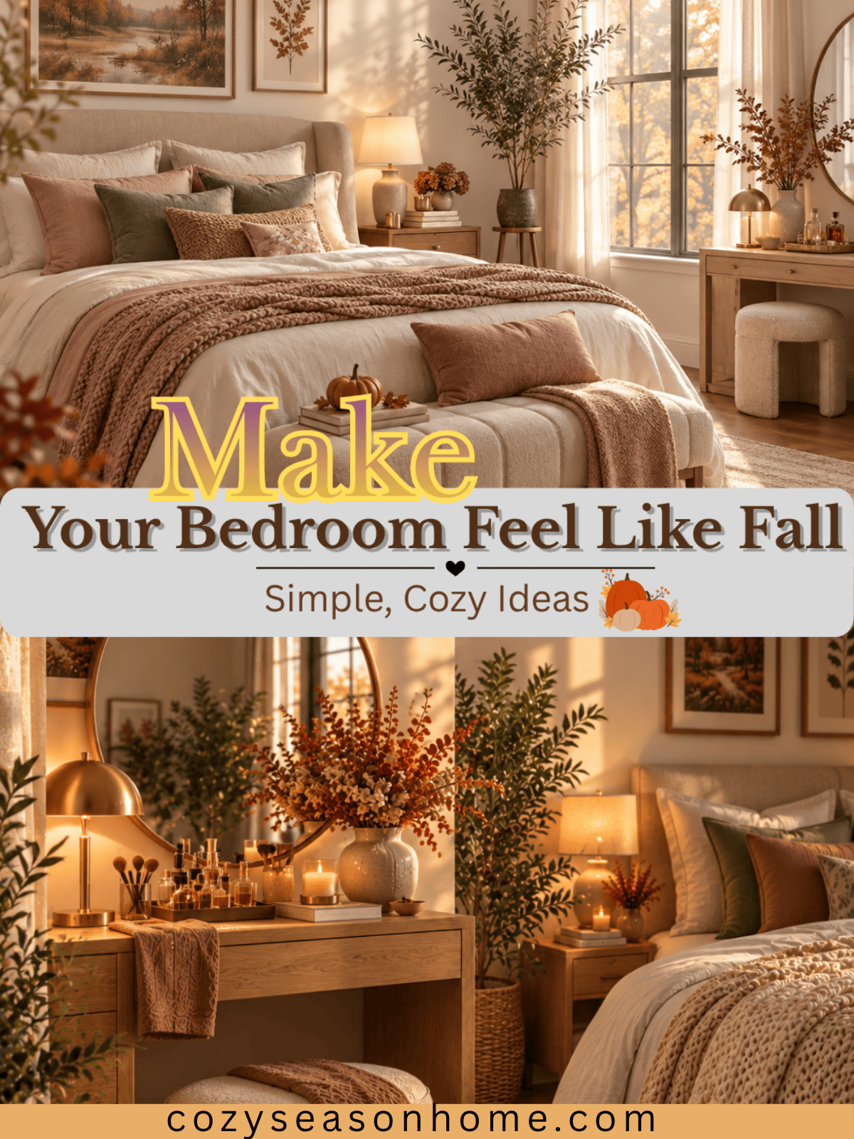 Cozy fall bedroom with layered bedding, warm autumn colors, soft lighting, natural textures, and seasonal decor.