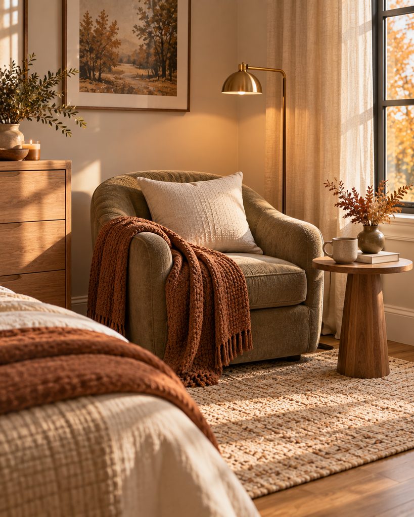 Cozy fall bedroom reading corner with an armchair, folded throw, side table, book, mug, and warm floor lamp.