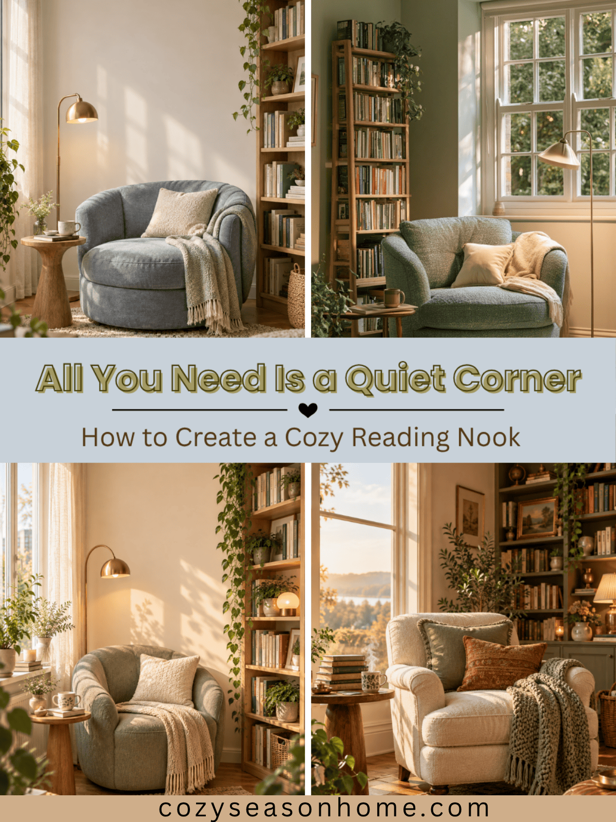 A cozy reading nook in a small space with a soft cushioned armchair, a warm arc floor lamp, a tall bookshelf full of books, and a plant in gentle daylight.
