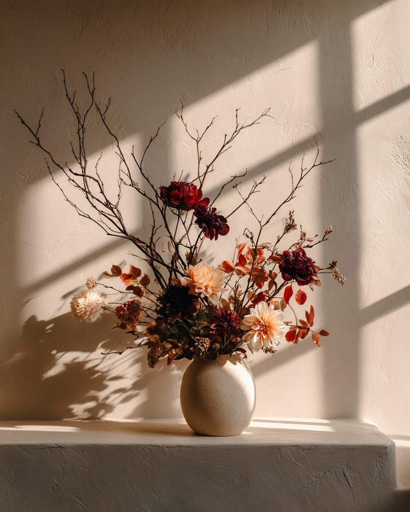 Dark floral and branch arrangement in a simple vase styled as elegant Halloween decor.