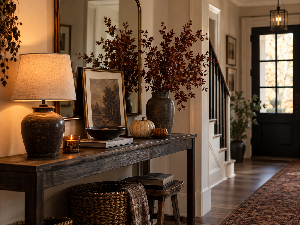Halloween entryway with a dark wood console table, warm lamp, autumn branches, pumpkins, framed art, woven basket, and layered seasonal decor.